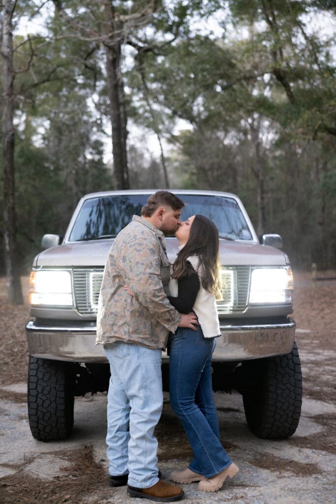 Couple at Historic Blakeley State Park in Spanish Fort Alabama during golden hour engagement session.