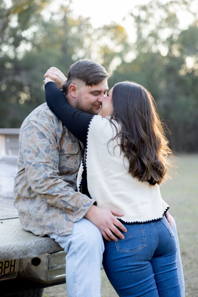 Couple at Historic Blakeley State Park in Spanish Fort Alabama during golden hour engagement session.