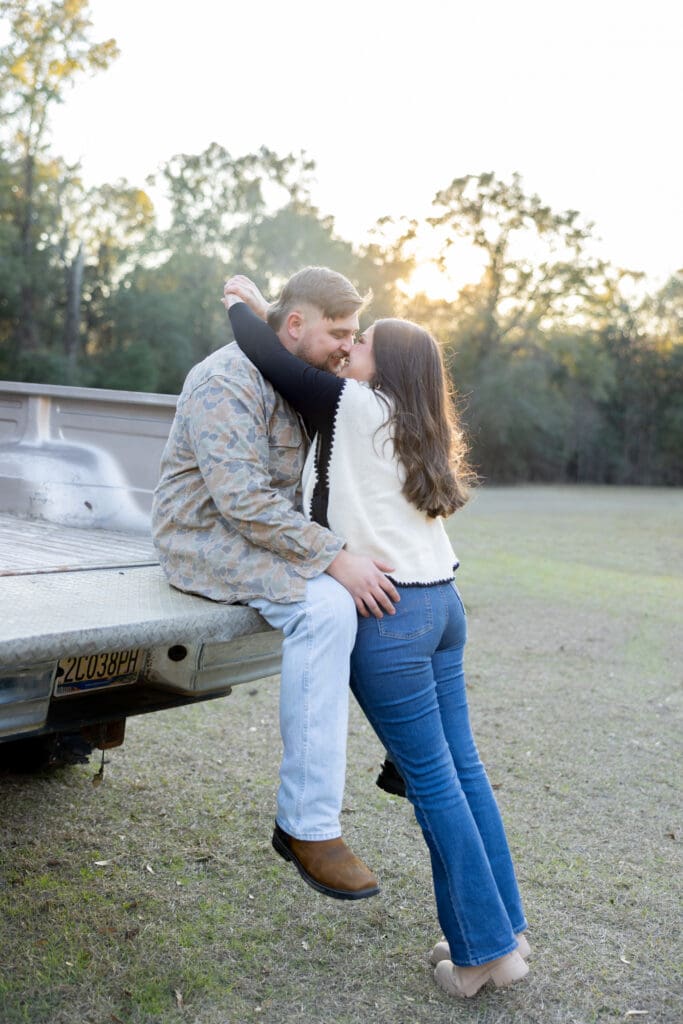 Couple at Historic Blakeley State Park in Spanish Fort Alabama during golden hour engagement session.