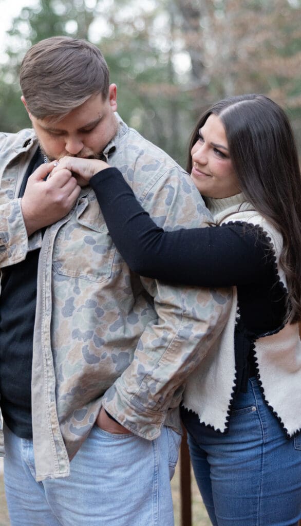 Couple at Historic Blakeley State Park in Spanish Fort Alabama during golden hour engagement session.