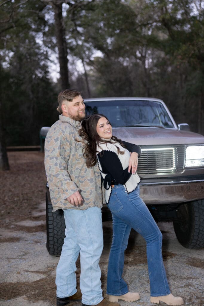 Couple at Historic Blakeley State Park in Spanish Fort Alabama during golden hour engagement session.
