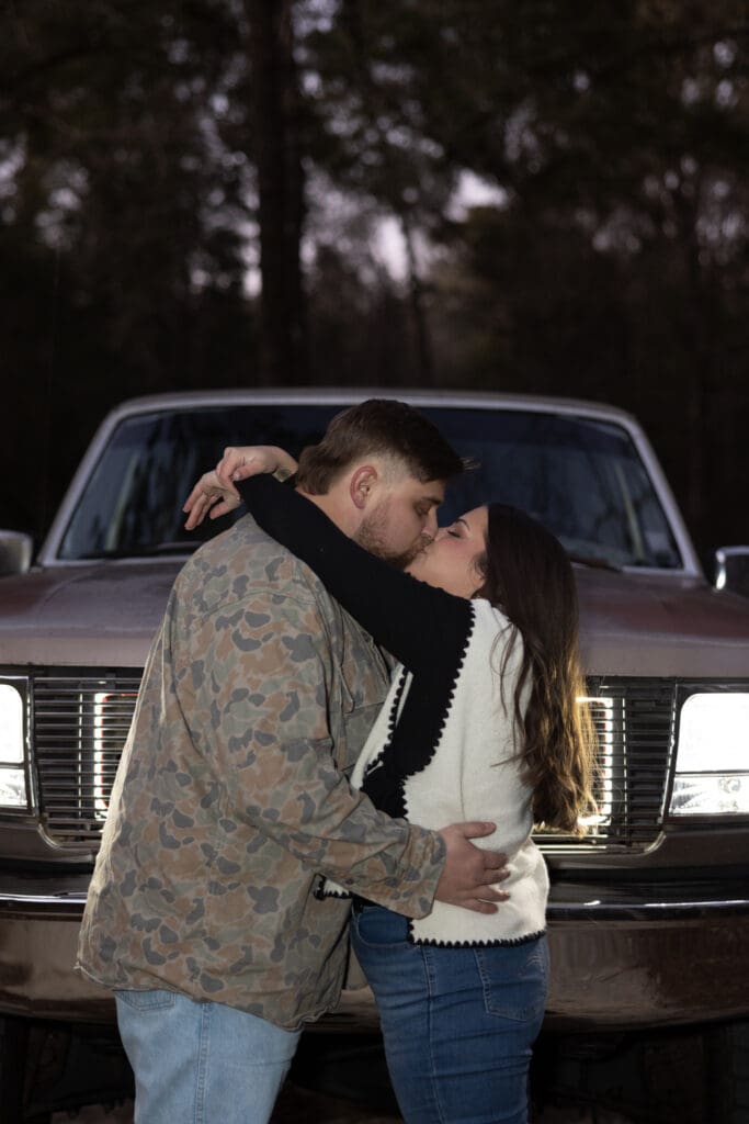 Couple at Historic Blakeley State Park in Spanish Fort Alabama during golden hour engagement session.