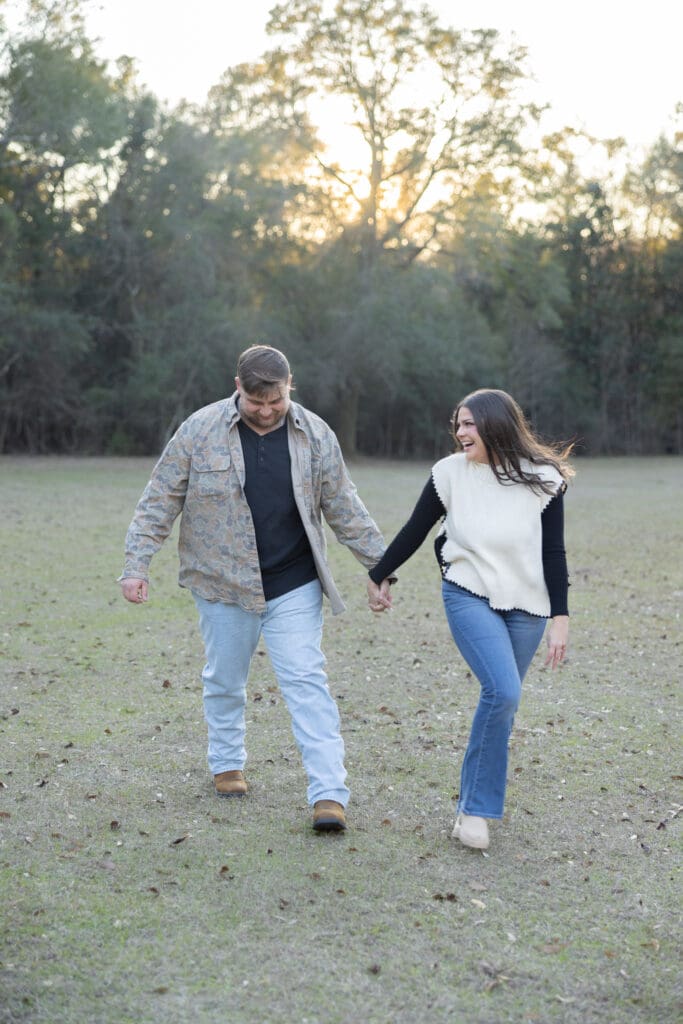 Couple at Historic Blakeley State Park in Spanish Fort Alabama during golden hour engagement session.