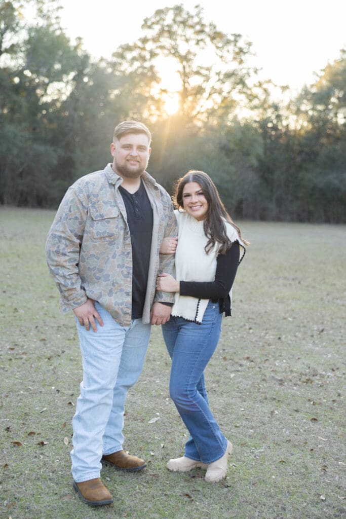 Couple at Historic Blakeley State Park in Spanish Fort Alabama during golden hour engagement session.