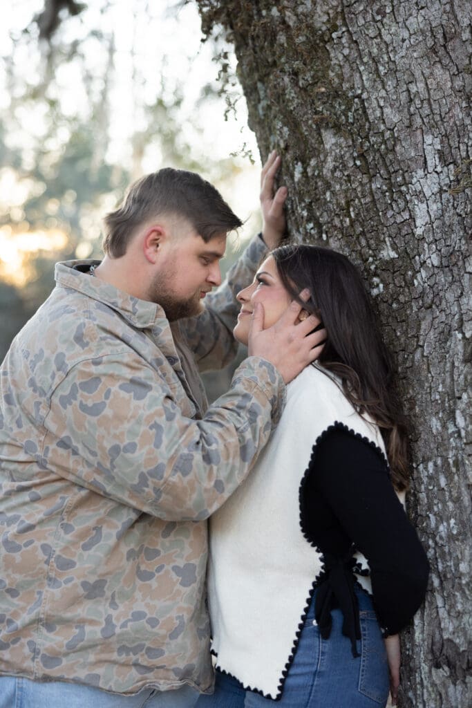Couple at Historic Blakeley State Park in Spanish Fort Alabama during golden hour engagement session.
